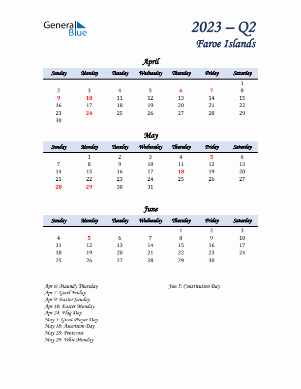 April, May, and June Calendar for Faroe Islands with Sunday Start