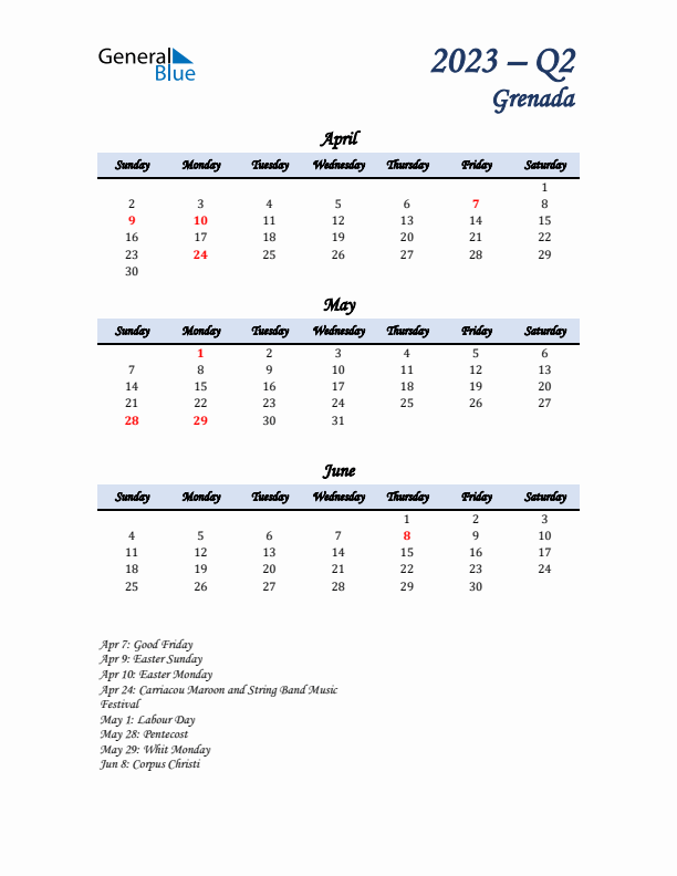 April, May, and June Calendar for Grenada with Sunday Start