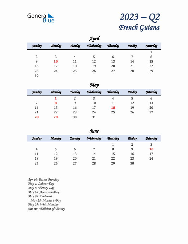 April, May, and June Calendar for French Guiana with Sunday Start