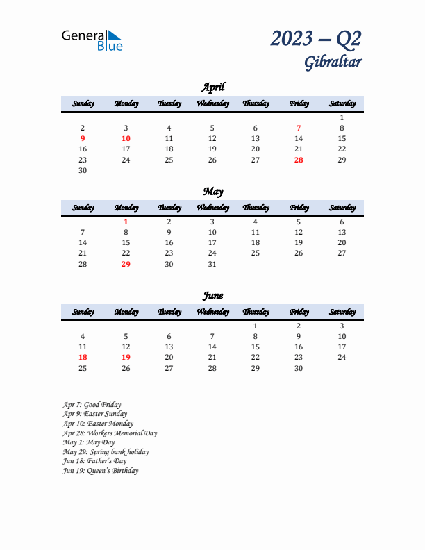 April, May, and June Calendar for Gibraltar with Sunday Start