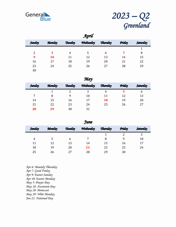 April, May, and June Calendar for Greenland with Sunday Start