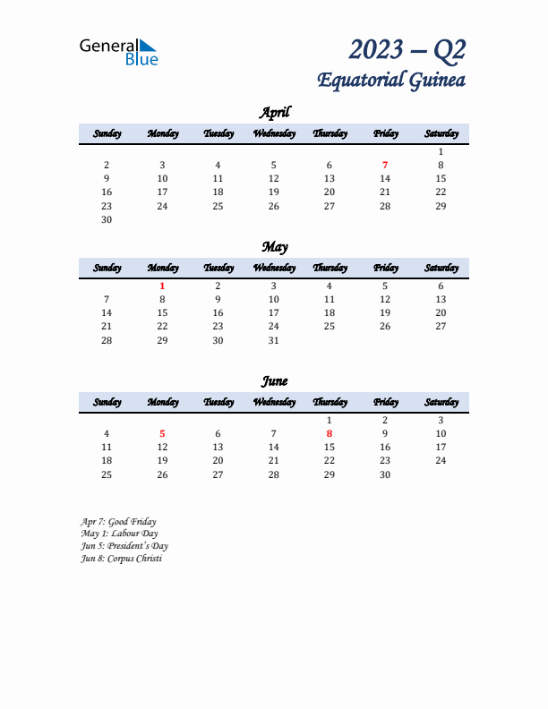 April, May, and June Calendar for Equatorial Guinea with Sunday Start