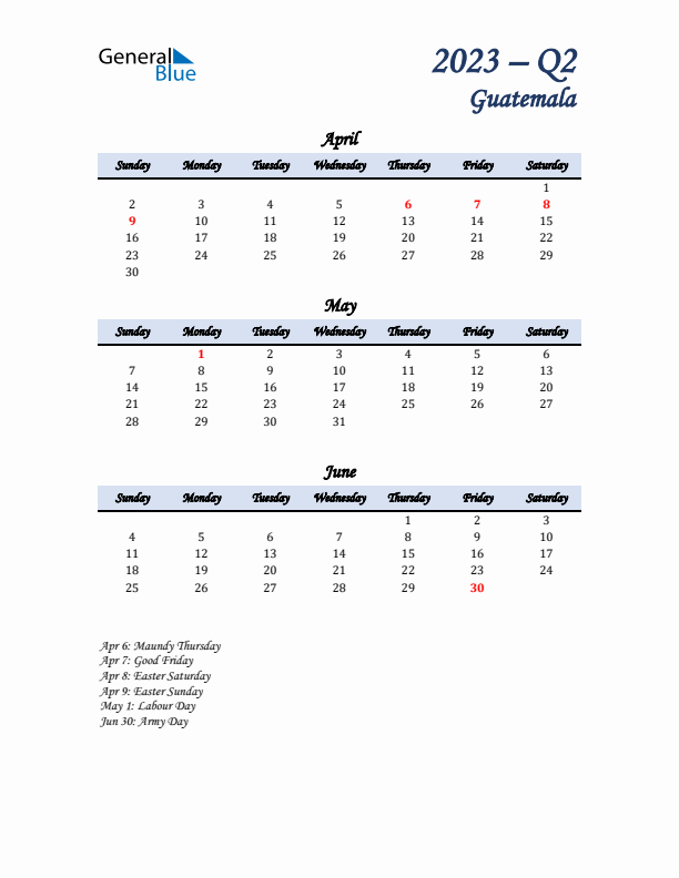 April, May, and June Calendar for Guatemala with Sunday Start