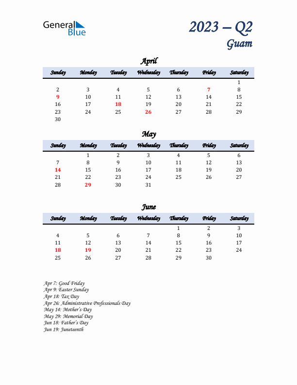 April, May, and June Calendar for Guam with Sunday Start