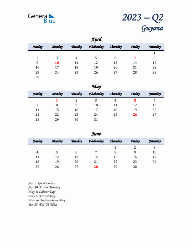 April, May, and June Calendar for Guyana with Sunday Start