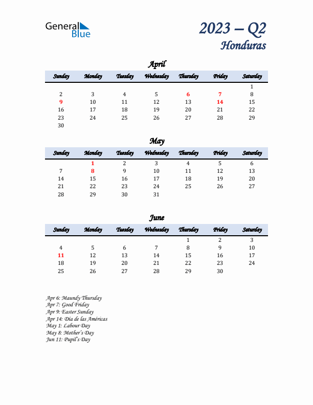 April, May, and June Calendar for Honduras with Sunday Start