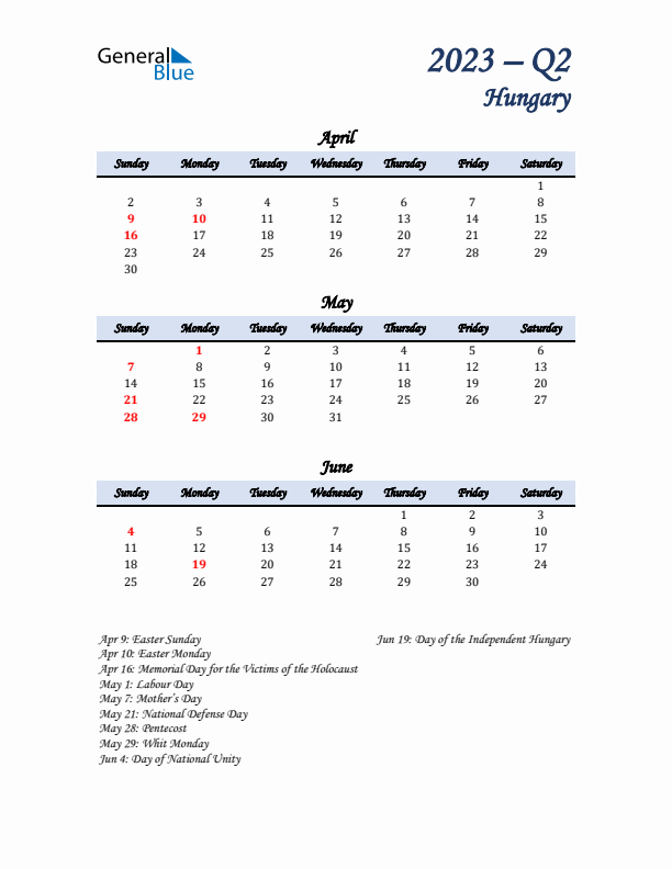 April, May, and June Calendar for Hungary with Sunday Start