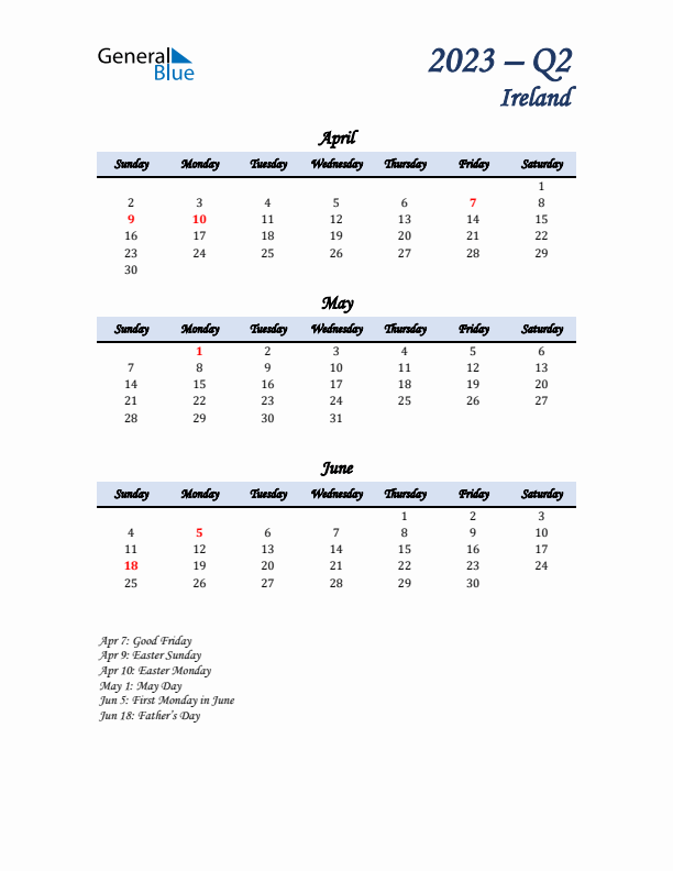 April, May, and June Calendar for Ireland with Sunday Start