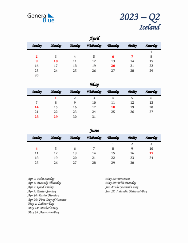 April, May, and June Calendar for Iceland with Sunday Start