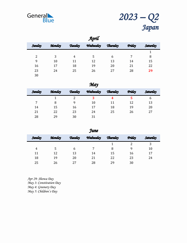 April, May, and June Calendar for Japan with Sunday Start