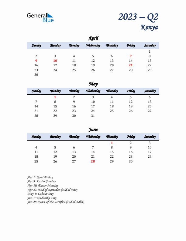 April, May, and June Calendar for Kenya with Sunday Start