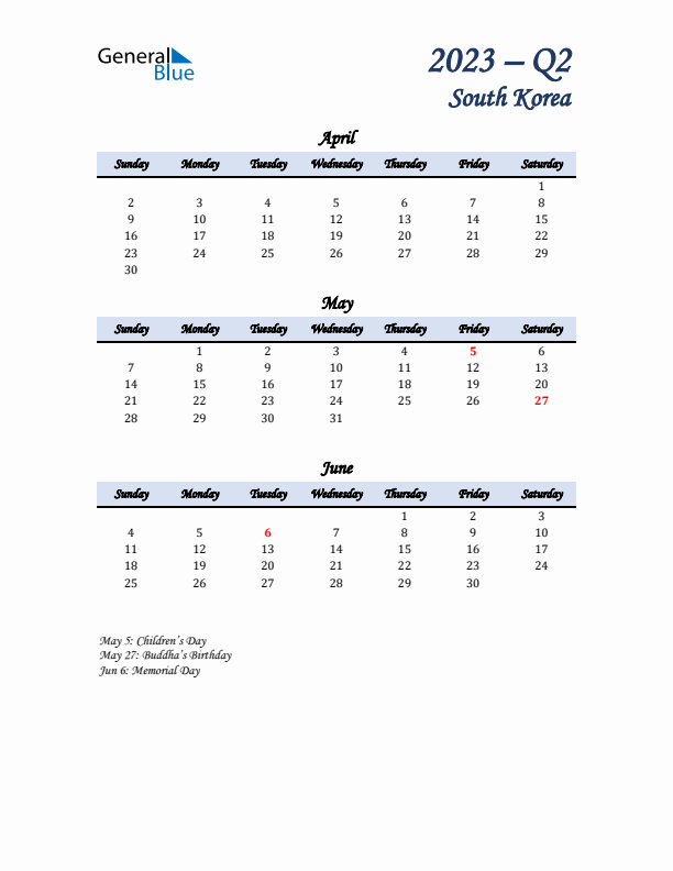 April, May, and June Calendar for South Korea with Sunday Start