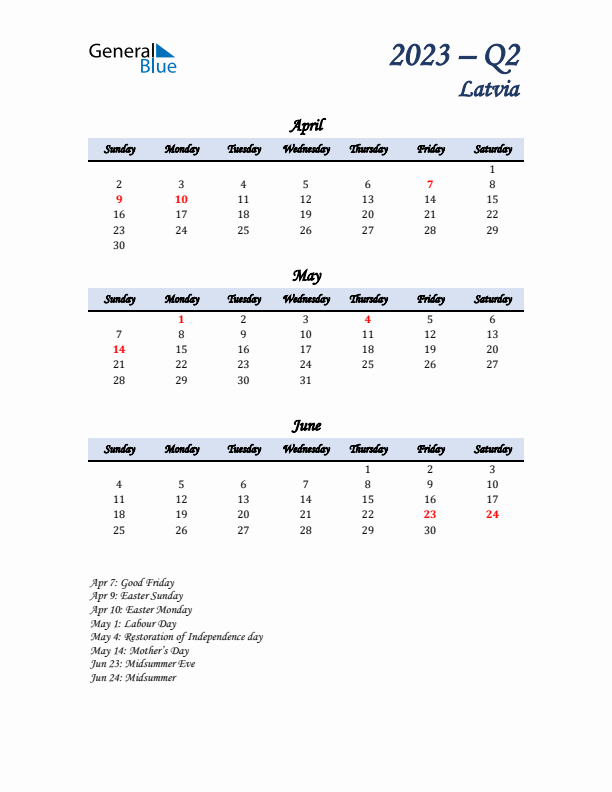 April, May, and June Calendar for Latvia with Sunday Start