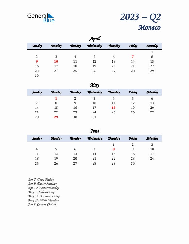 April, May, and June Calendar for Monaco with Sunday Start