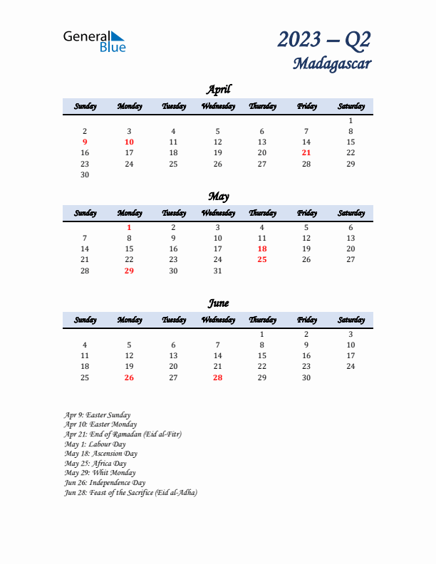 April, May, and June Calendar for Madagascar with Sunday Start