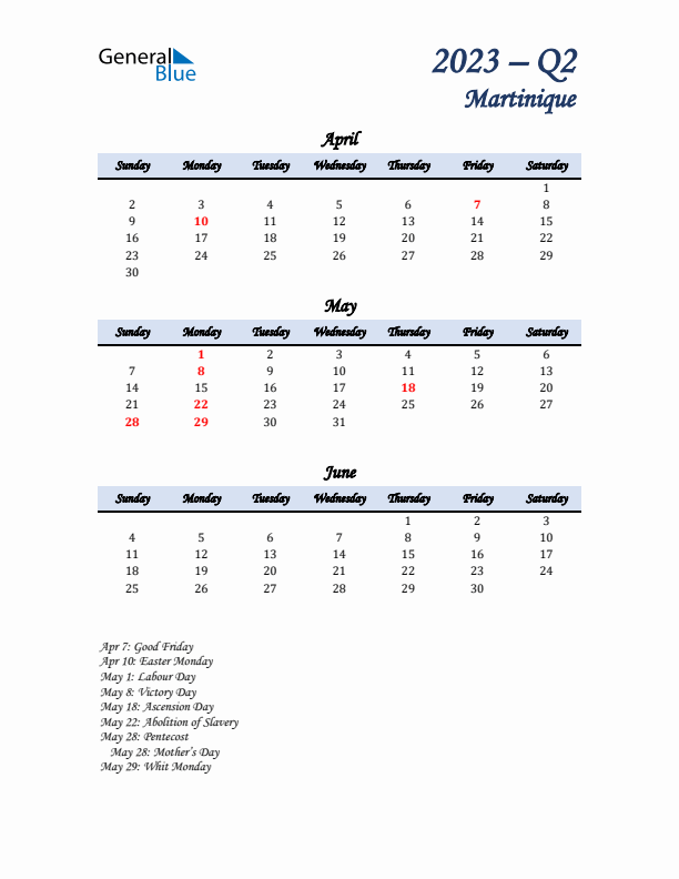 April, May, and June Calendar for Martinique with Sunday Start