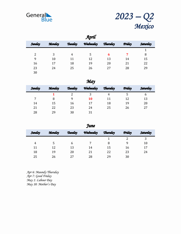 April, May, and June Calendar for Mexico with Sunday Start