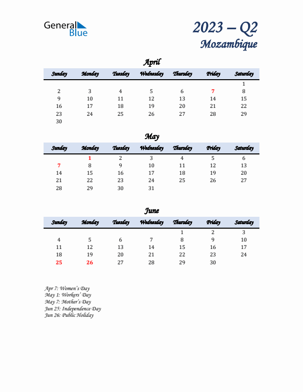 April, May, and June Calendar for Mozambique with Sunday Start