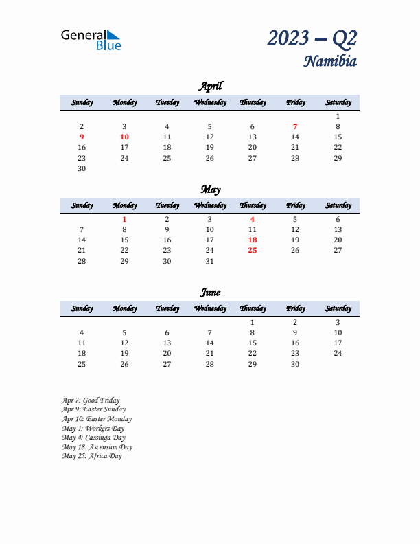 April, May, and June Calendar for Namibia with Sunday Start