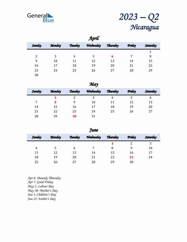 April, May, and June Calendar for Nicaragua with Sunday Start