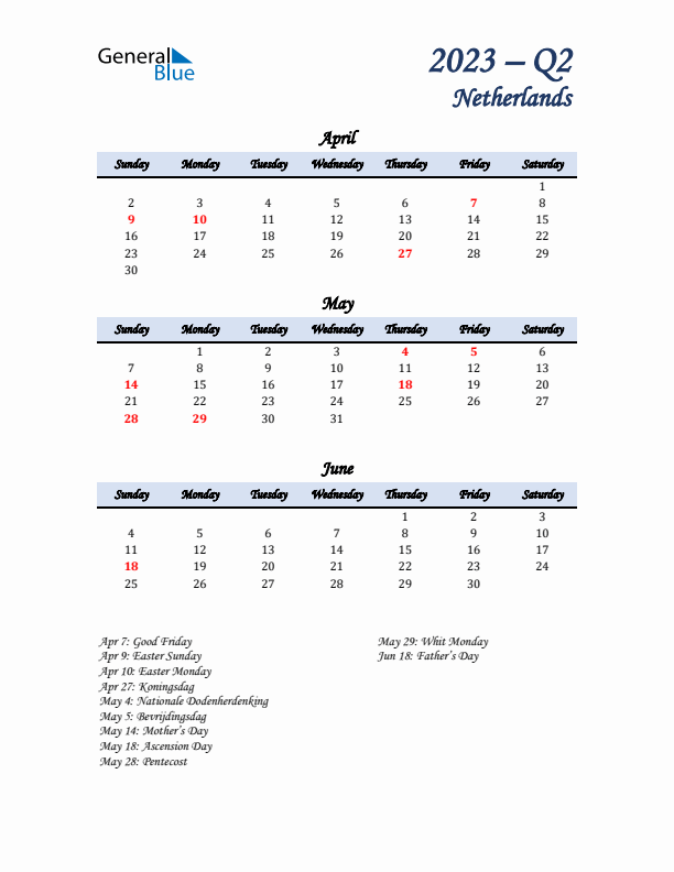 April, May, and June Calendar for The Netherlands with Sunday Start