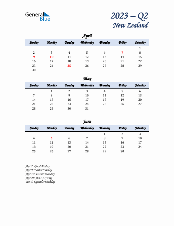 April, May, and June Calendar for New Zealand with Sunday Start