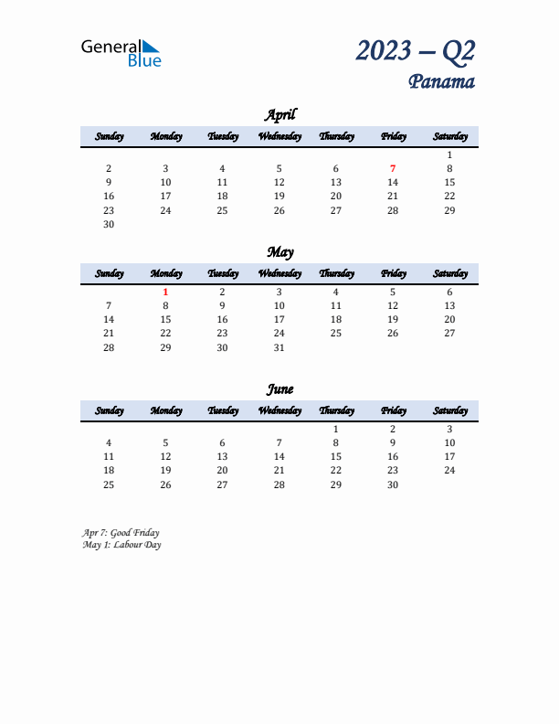 April, May, and June Calendar for Panama with Sunday Start