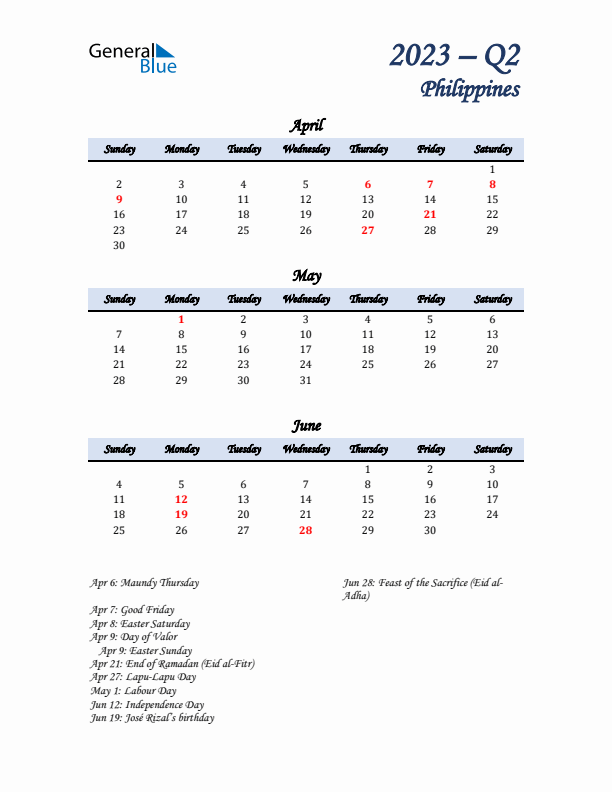 April, May, and June Calendar for Philippines with Sunday Start