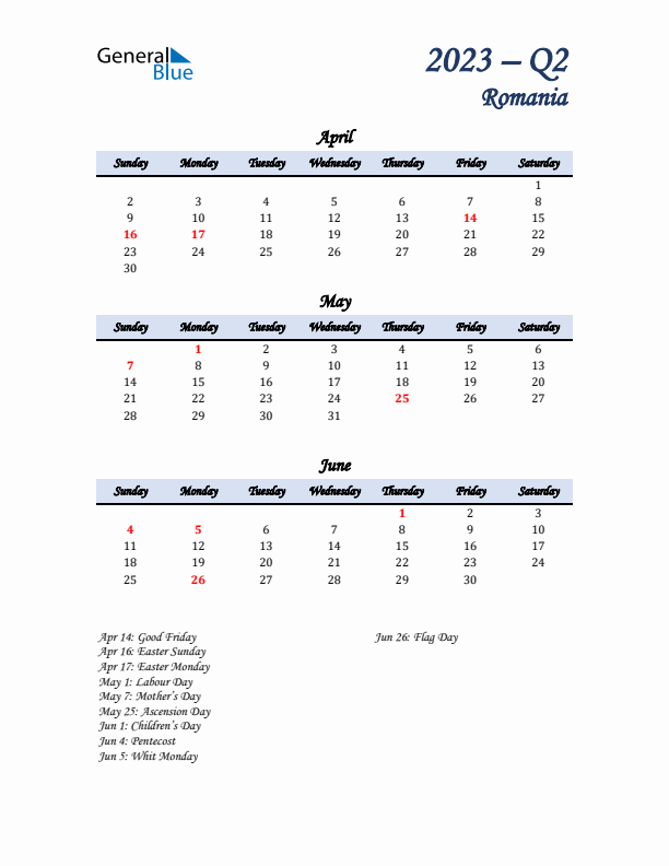 April, May, and June Calendar for Romania with Sunday Start