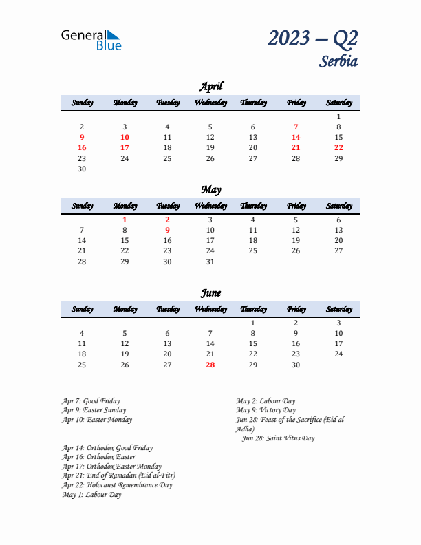 April, May, and June Calendar for Serbia with Sunday Start