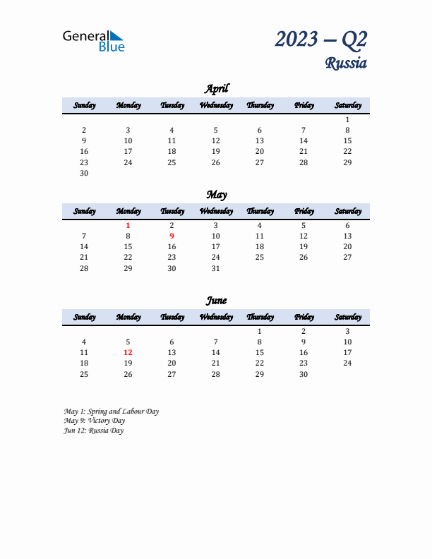 April, May, and June Calendar for Russia with Sunday Start