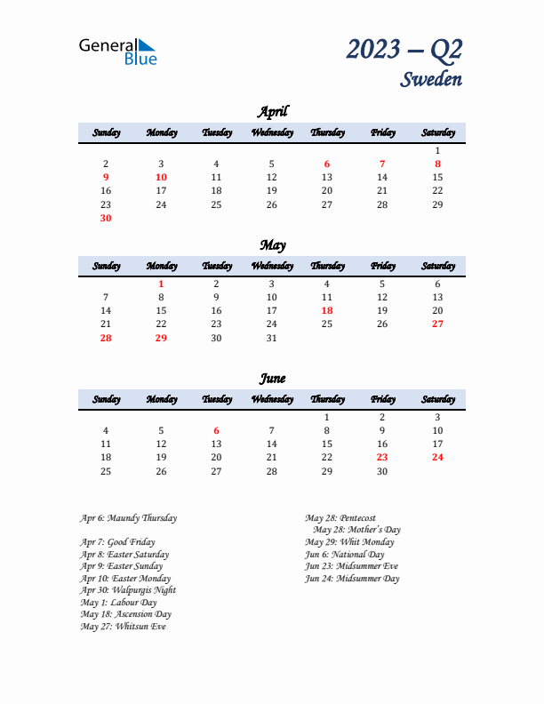 April, May, and June Calendar for Sweden with Sunday Start