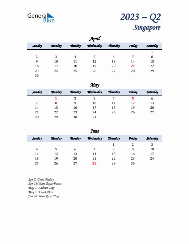 April, May, and June Calendar for Singapore with Sunday Start