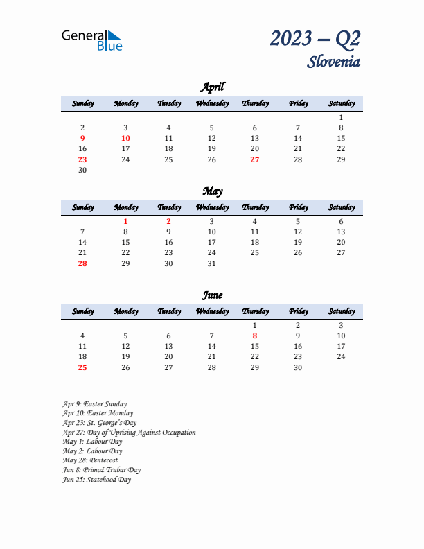 April, May, and June Calendar for Slovenia with Sunday Start