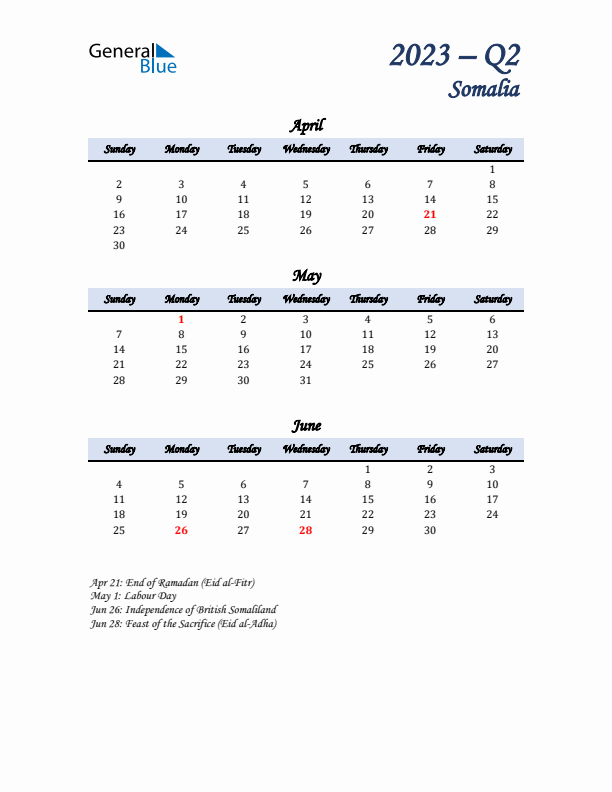 April, May, and June Calendar for Somalia with Sunday Start