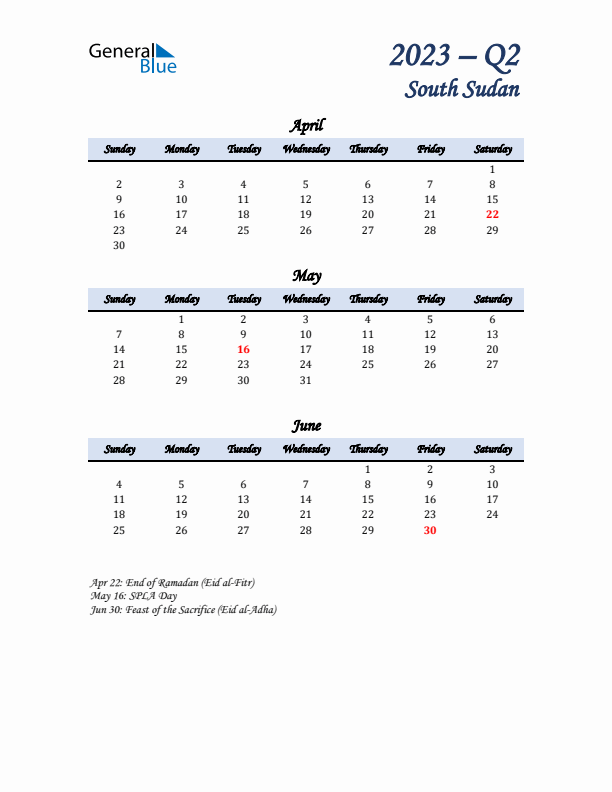 April, May, and June Calendar for South Sudan with Sunday Start