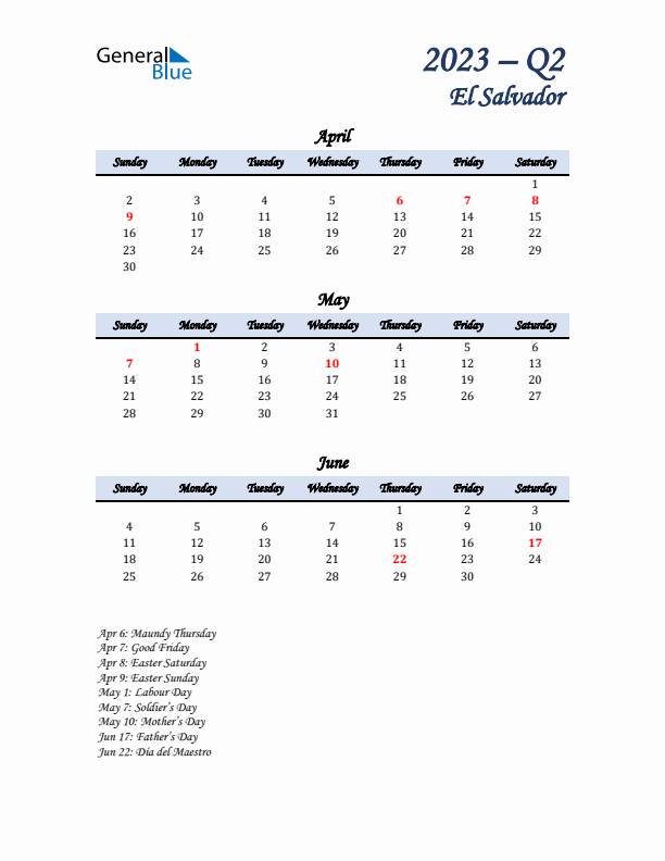 April, May, and June Calendar for El Salvador with Sunday Start