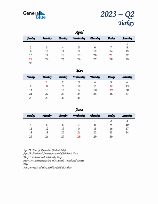 April, May, and June Calendar for Turkey with Sunday Start