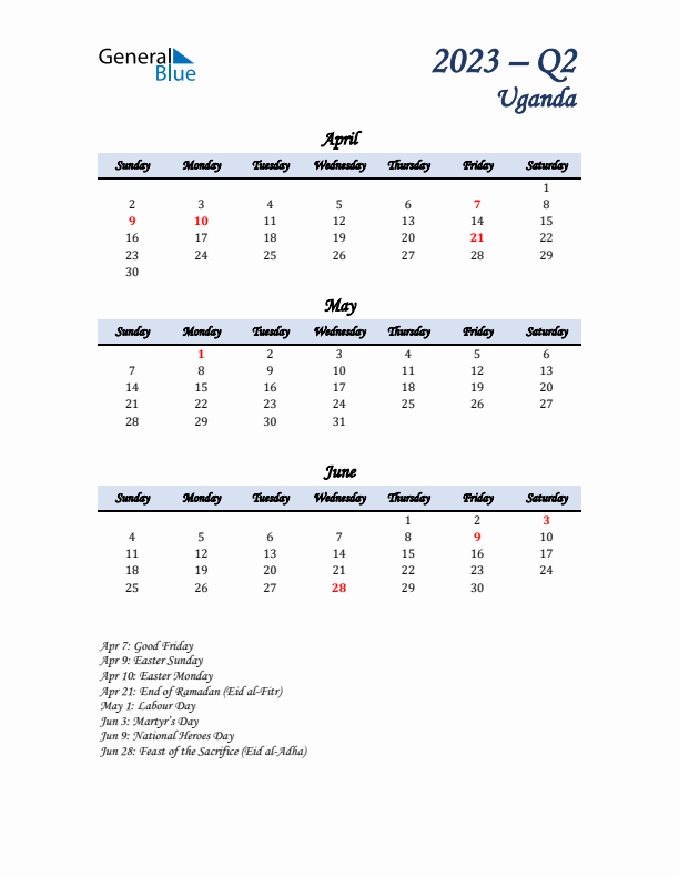 April, May, and June Calendar for Uganda with Sunday Start