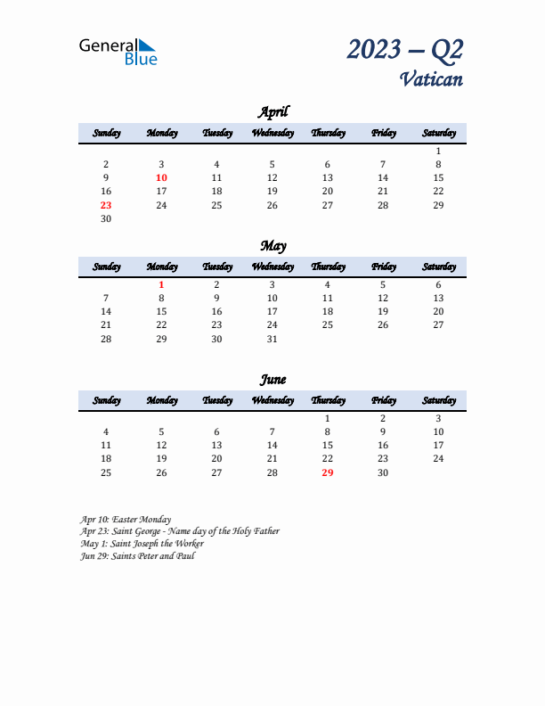 April, May, and June Calendar for Vatican with Sunday Start