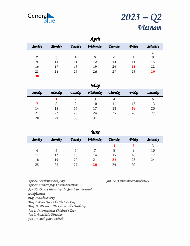 April, May, and June Calendar for Vietnam with Sunday Start