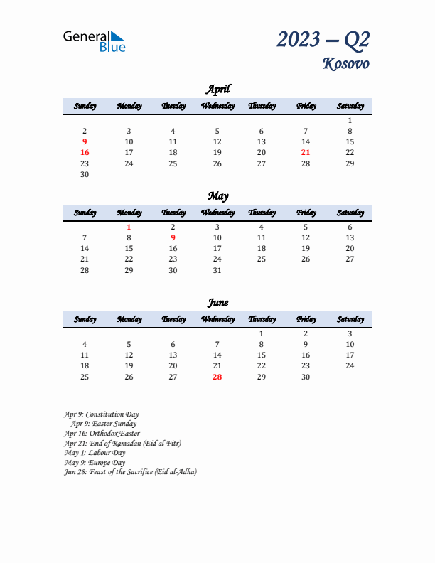 April, May, and June Calendar for Kosovo with Sunday Start