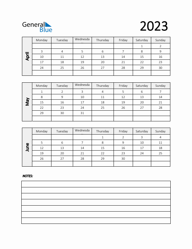 Q2 2023 Calendar with Notes