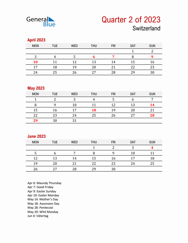 Printable Three Month Calendar with Switzerland Holidays