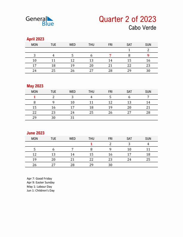 Printable Three Month Calendar with Cabo Verde Holidays