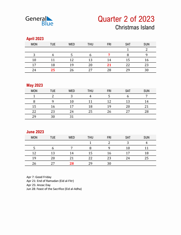 Printable Three Month Calendar with Christmas Island Holidays