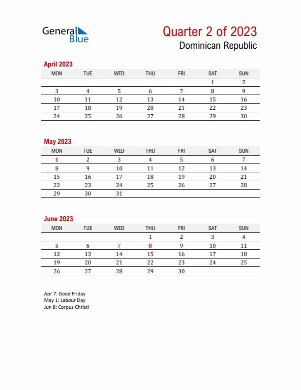 Printable Three Month Calendar with Dominican Republic Holidays