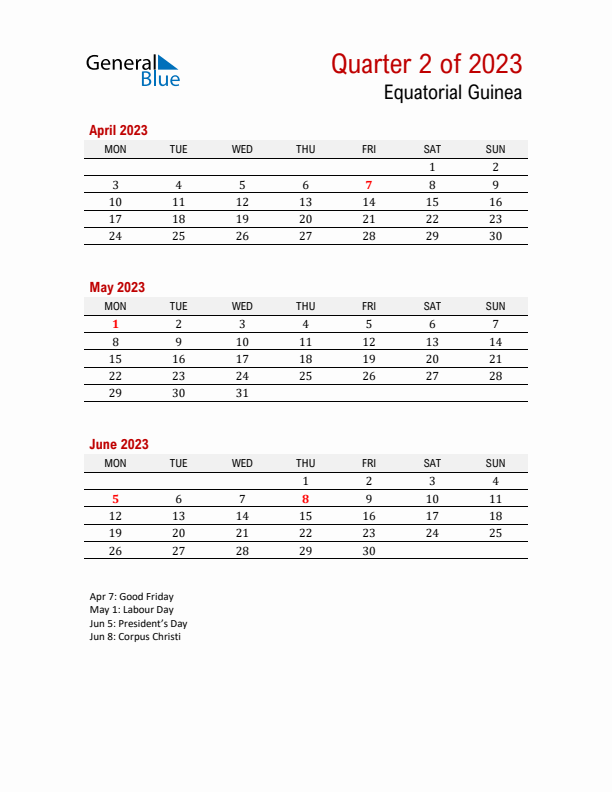 Printable Three Month Calendar with Equatorial Guinea Holidays