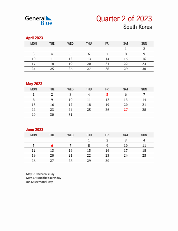 Printable Three Month Calendar with South Korea Holidays