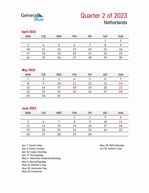 Printable Three Month Calendar with The Netherlands Holidays